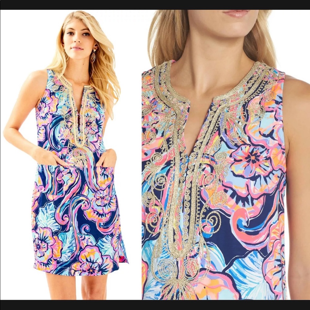 SOLD Lilly Pulitzer Carlotta Nauti Navy Boho Bateau
Gold Cording Shift - NWT